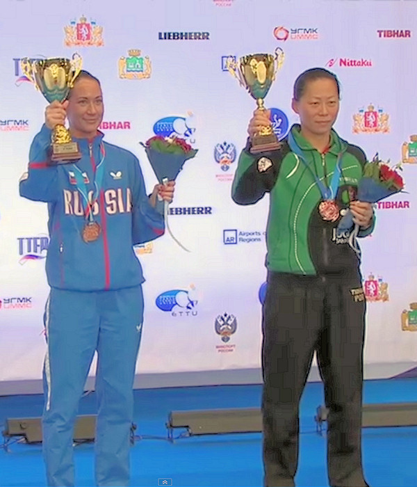 2015 European Championships Women's Singles bronze medallists - Polina MIKHAILOVA (Russia) and YU Fu (Portugal)