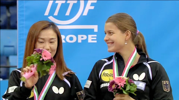 2016 European Championships Women's Doubles silver medallists - Shan Xiaona and Petrissa Solja