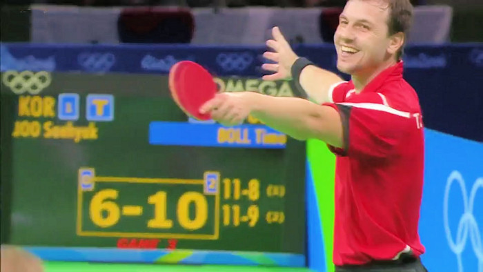 Timo Boll clinching the bronze medal for Germany