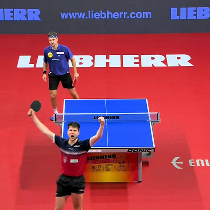 Dimitrij Ovtcharov celebrates winning the final point to clinch World Cup 2017