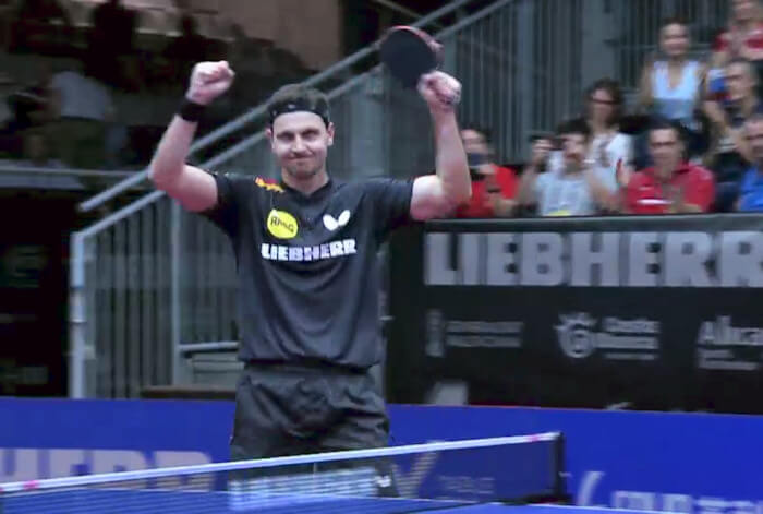 2018 European Championships Men's Singles - Timo Boll celebrating the winning point