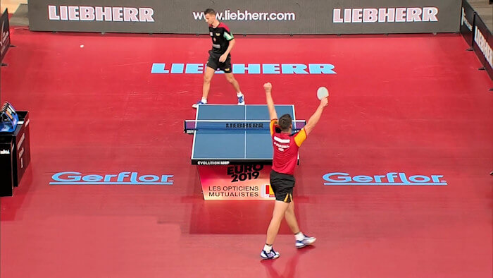 Patrick Franziska celebrates the winning point