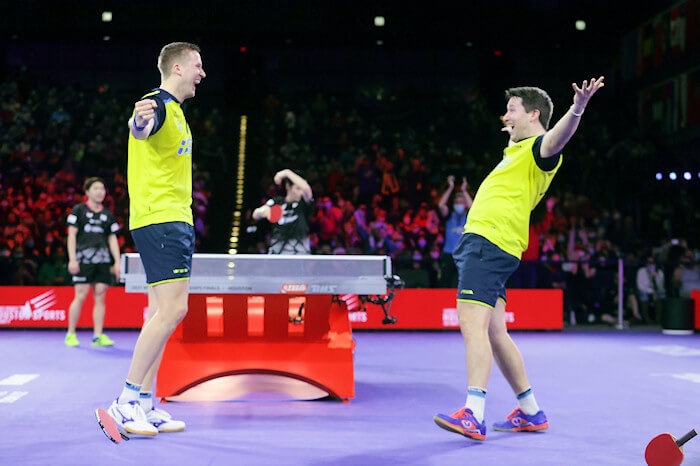 Mattias Falck and Kristian Karlsson celebrate the winning point
