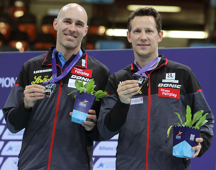 2022 European Championships Men's Doubles silver medallists - Daniel Habesohn and Robert Gardos (Austria)
