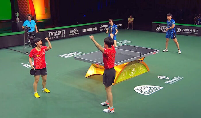 2023 World Championships Mixed Doubles Champions - Wang Chuqin and Sun Yingsha (China) celebrate the winning point