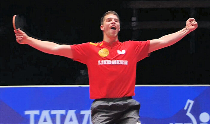 Patrick Franziska celebrates the winning point against South Korea