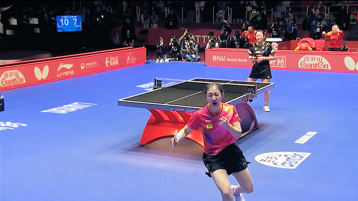 Chen Meng secures the winning point against Miwa Harimoto Chen Meng secures the winning point against Miwa Harimoto