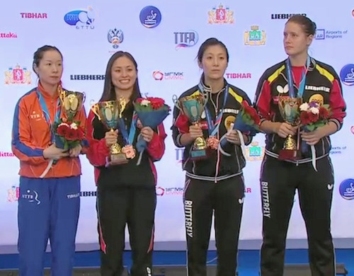 Women's Doubles bronze medal winners - Li Jie (Netherlands) and Li Qian (Poland) - Han Ying and Irene Ivancan (Germany)